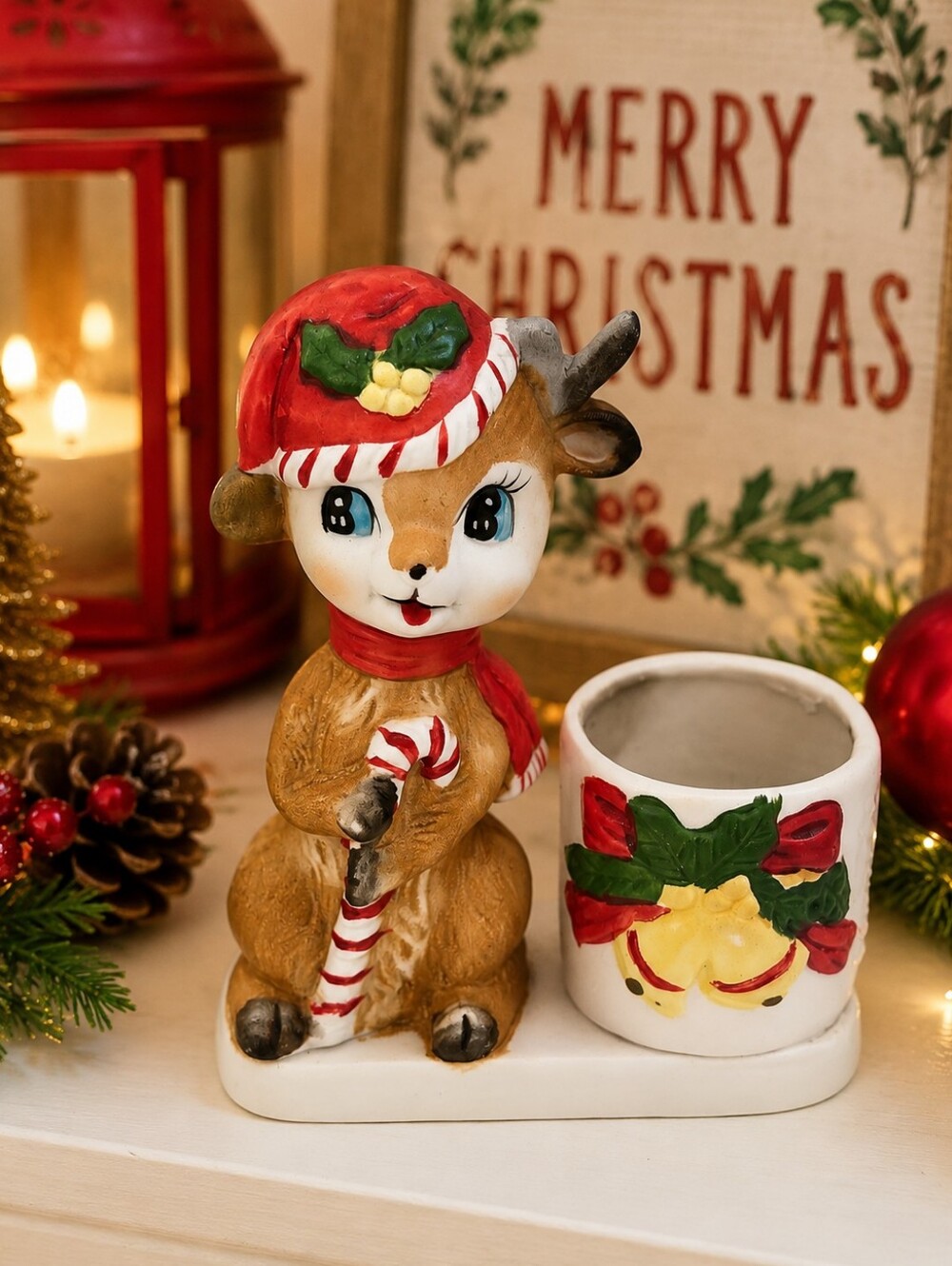 Vintage Christmas Deer Porcelain Candle Holder Candy Cane Reindeer Taiwan w/ Box